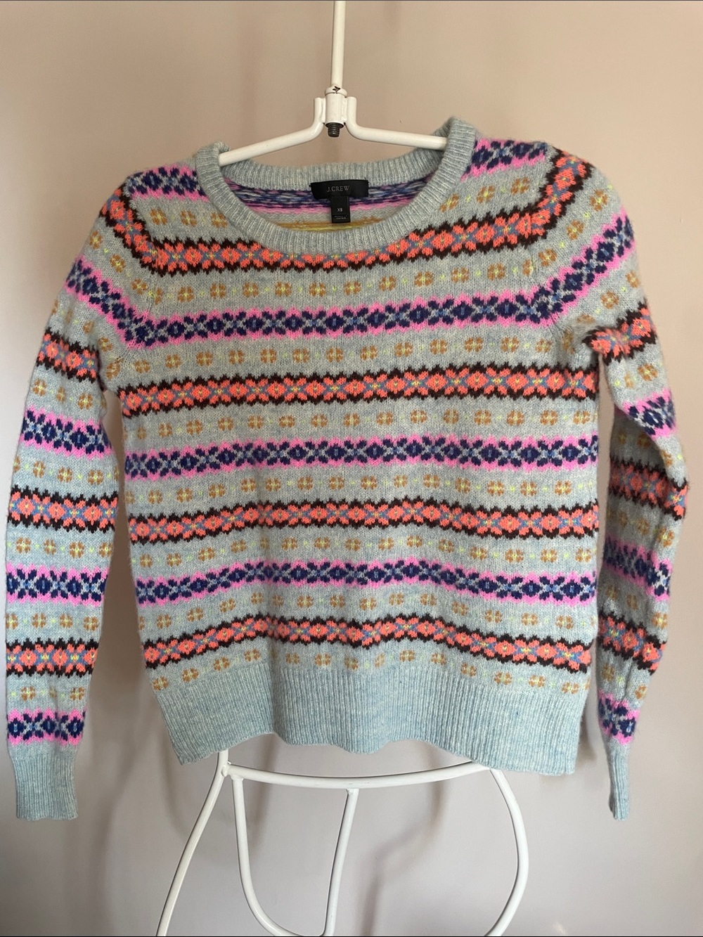 J. Crew Light Blue Fair Isle Crewneck Sweater with Pink & Orange Accents xsmall